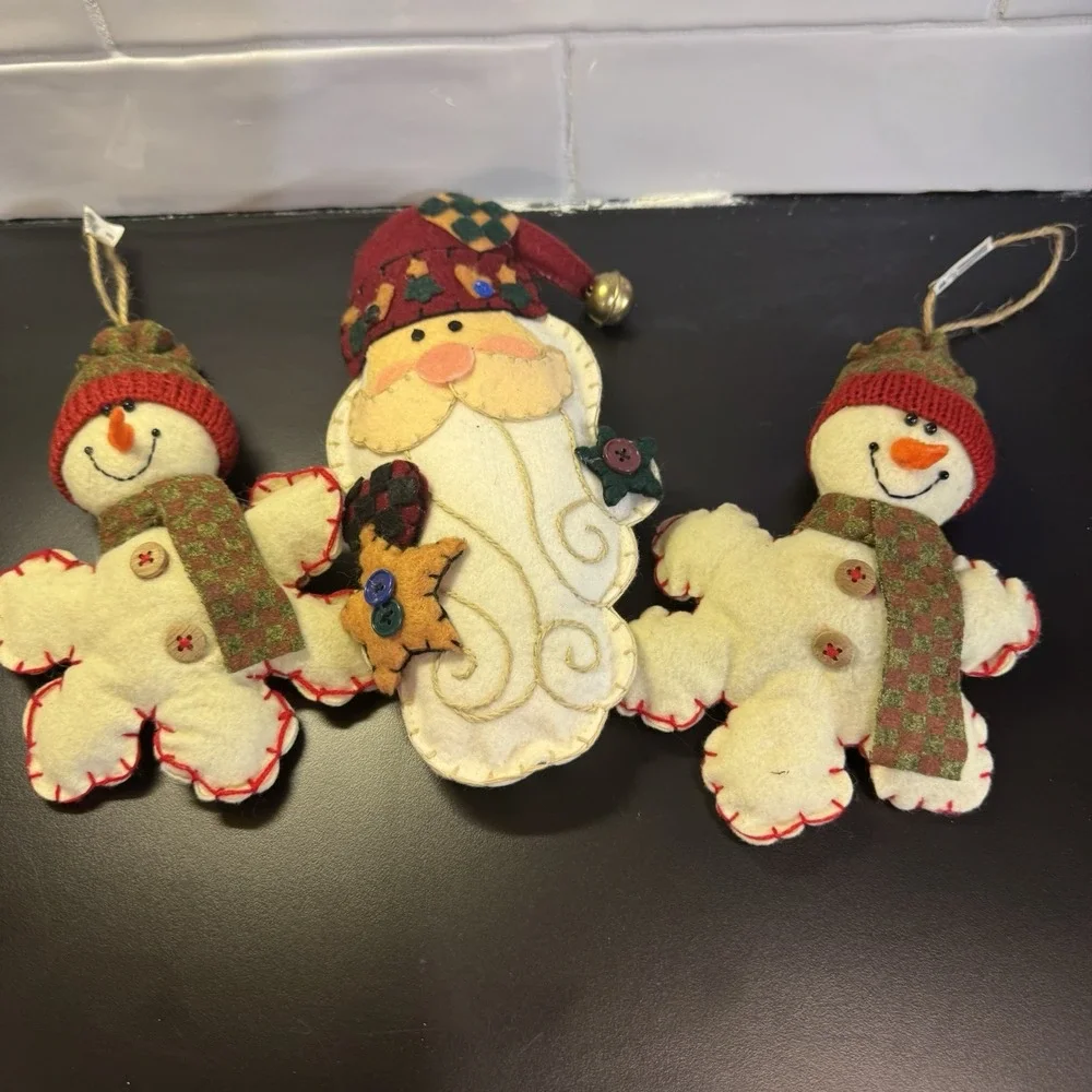 Felt Christmas‎ ornaments Santa And Snowman Snowflakes Set Of 3